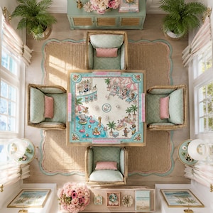 May include: A square mahjong table featuring a colorful illustration of animals at a beach resort, surrounded by four light green upholstered armchairs with pink cushions, set upon a large scalloped-edge rug in a room with potted plants.