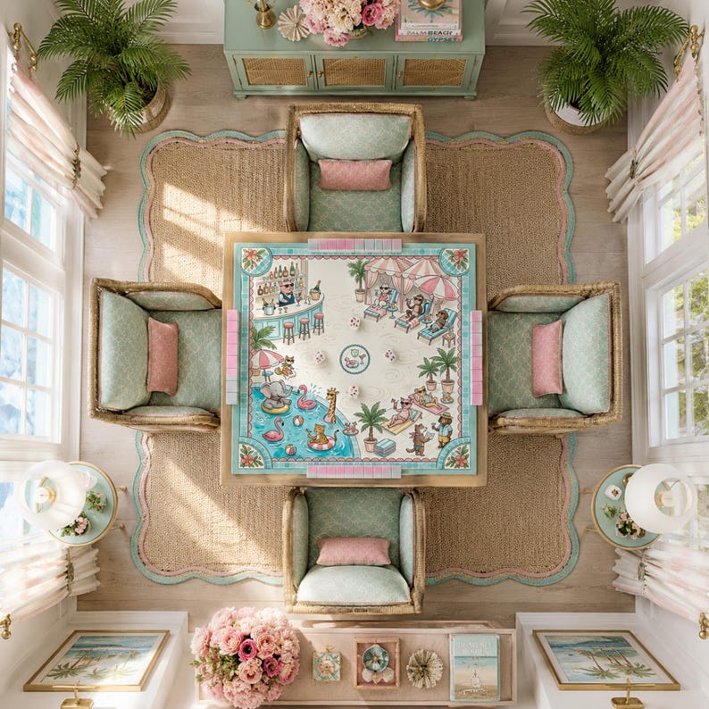 May include: A square mahjong table featuring a colorful illustration of animals at a beach resort, surrounded by four light green upholstered armchairs with pink cushions, set upon a large scalloped-edge rug in a room with potted plants.