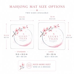 May include: A Mahjong mat size guide displaying two square options with cherry blossom graphics and the text Lucky Tiles Boutique. The standard size is 31.5 x 31.5 inches and the large size is 33 x 33 inches. A message icon prompts for custom sizes.