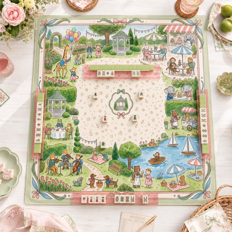 May include: A rectangular mahjong mat featuring a whimsical garden illustration with anthropomorphic animals, gazebos, a pond with sailboats, and musical foxes. The mat includes four translucent pink tile racks and scattered mahjong tiles.