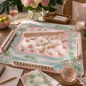 May include: A Mahjong game set featuring a rectangular play mat with a pink and blue tropical palm tree illustration. The set includes ivory-colored tiles with black and red characters, arranged in rows and scattered across the mat surface.