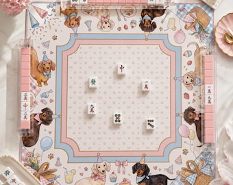 Dachshund Mahjong Mat, Doxie Picnic Party Mahjong Mat, Cute Dog Mahjong Mat, Pink Blue Birthday Mahjong Mat, Mahjong Gift for Dog Lover