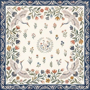 Puede incluir: Un textil cuadrado con fondo crema y un borde decorativo azul oscuro. El dise&ntilde;o incluye cuatro grullas volando en las esquinas, una grulla central de pie dentro de una corona floral y peque&ntilde;as flores y ramas verdes dispersas por el centro.