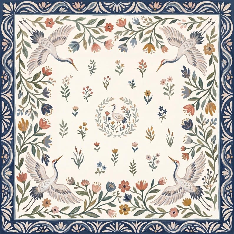 Puede incluir: Un textil cuadrado con fondo crema y un borde decorativo azul oscuro. El dise&ntilde;o incluye cuatro grullas volando en las esquinas, una grulla central de pie dentro de una corona floral y peque&ntilde;as flores y ramas verdes dispersas por el centro.