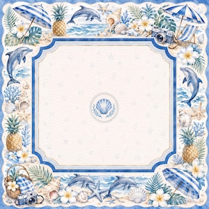 Peut inclure: Un cadre d&eacute;coratif carr&eacute; pr&eacute;sentant un th&egrave;me de plage &agrave; l'aquarelle avec des parasols ray&eacute;s bleu et blanc, des ananas, des dauphins, des coquillages, des &eacute;toiles de mer, des fleurs tropicales et des appareils photo. Le centre est cr&egrave;me.