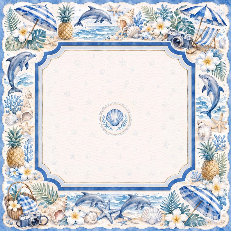Peut inclure: Un cadre d&eacute;coratif carr&eacute; pr&eacute;sentant un th&egrave;me de plage &agrave; l'aquarelle avec des parasols ray&eacute;s bleu et blanc, des ananas, des dauphins, des coquillages, des &eacute;toiles de mer, des fleurs tropicales et des appareils photo. Le centre est cr&egrave;me.