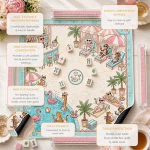 May include: A square neoprene mahjong mat featuring a colorful beach resort illustration with animals lounging by a pool. The mat includes a non-slip backing, a 2mm cushioned construction, and is foldable. It is surrounded by four clear tile racks.