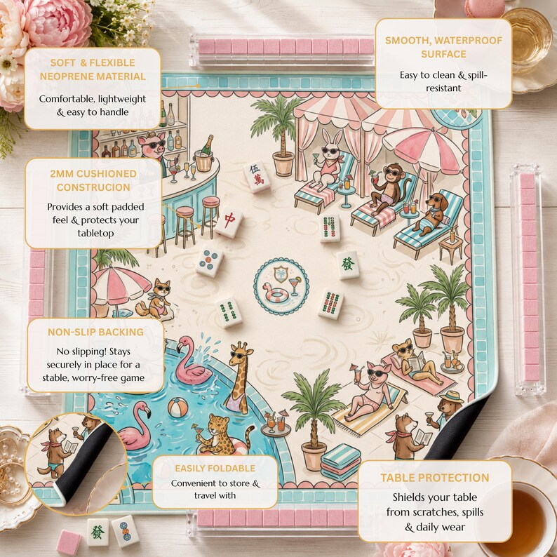 May include: A square neoprene mahjong mat featuring a colorful beach resort illustration with animals lounging by a pool. The mat includes a non-slip backing, a 2mm cushioned construction, and is foldable. It is surrounded by four clear tile racks.