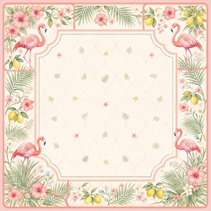 May include: A square decorative frame featuring a central cream-colored panel with a subtle lattice pattern. The border is adorned with pink flamingos, yellow lemons, green palm fronds, and pink hibiscus flowers on a light background.