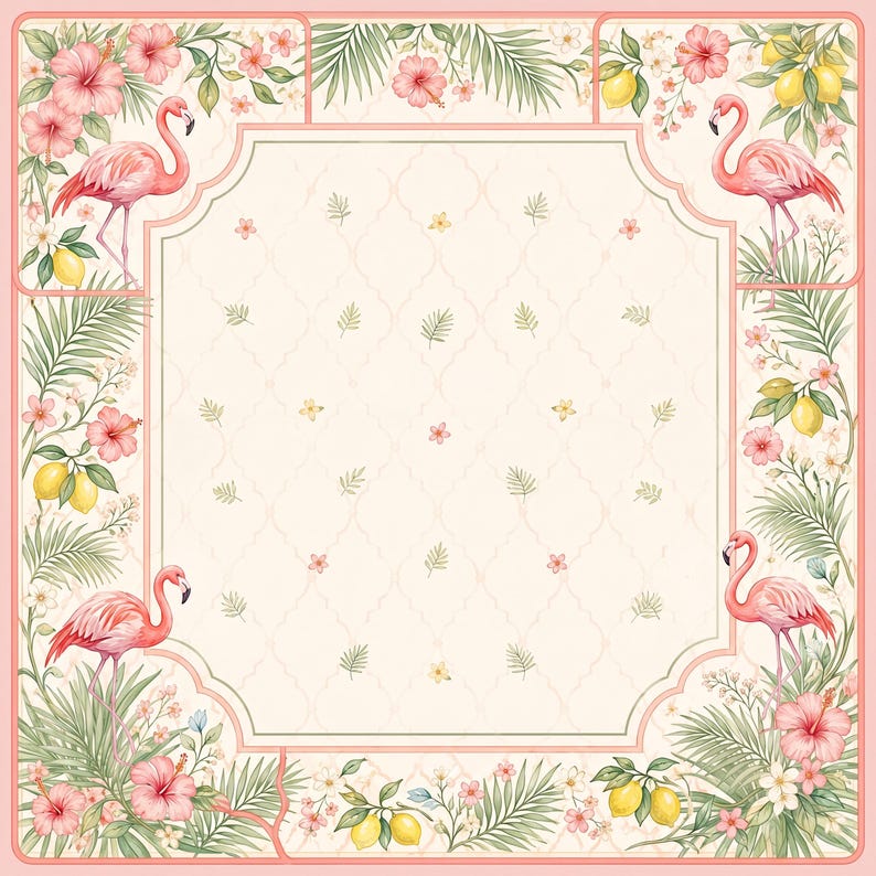 May include: A square decorative frame featuring a central cream-colored panel with a subtle lattice pattern. The border is adorned with pink flamingos, yellow lemons, green palm fronds, and pink hibiscus flowers on a light background.