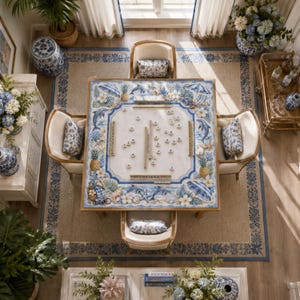 Peut inclure: Une table de jeu carr&eacute;e dot&eacute;e d'une bordure au th&egrave;me c&ocirc;tier avec des illustrations bleues et blanches de dauphins, d'ananas, de parasols et de fleurs. La surface centrale contient des lettres &eacute;parpill&eacute;es et des chevalets en bois, entour&eacute;e de quatre chaises.