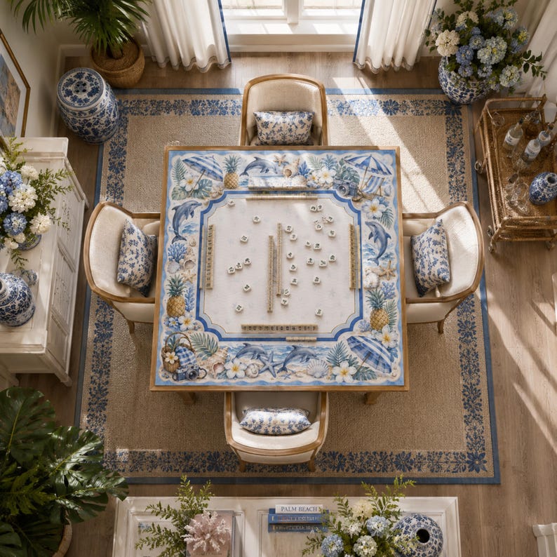 Peut inclure: Une table de jeu carr&eacute;e dot&eacute;e d'une bordure au th&egrave;me c&ocirc;tier avec des illustrations bleues et blanches de dauphins, d'ananas, de parasols et de fleurs. La surface centrale contient des lettres &eacute;parpill&eacute;es et des chevalets en bois, entour&eacute;e de quatre chaises.