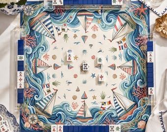 Tapete de Mahjong con diseño de velero náutico, tapete de juego de neopreno con temática costera y oceánica, tapete de Mahjong con monograma personalizado, regalo personalizado con temática marina.