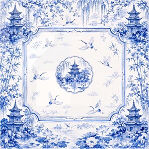 May include: A square ceramic tile featuring a blue and white Chinoiserie pattern. The design includes four corner pagodas, central cranes in flight, and a circular medallion depicting a pagoda landscape surrounded by lotus flowers and bamboo.