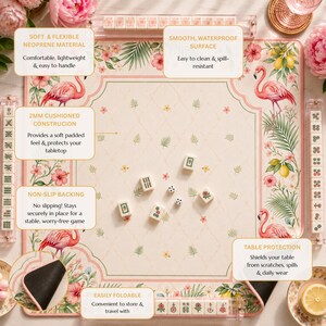 May include: A square mahjong mat featuring a cream-colored center with a delicate lattice pattern and small floral accents. The border displays pink flamingos, hibiscus flowers, and lemon branches. Includes mahjong tiles and two dice.
