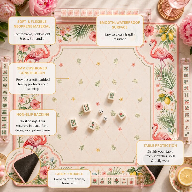 May include: A square mahjong mat featuring a cream-colored center with a delicate lattice pattern and small floral accents. The border displays pink flamingos, hibiscus flowers, and lemon branches. Includes mahjong tiles and two dice.