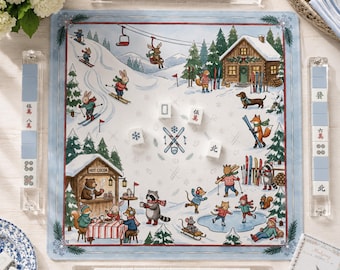 The Alpine Ski Club Mahjong Mat, Winter Wonderland Animal Neoprene Game Mat, Custom Monogram Mahjong Gift, Ski Lodge Decor, Game Night