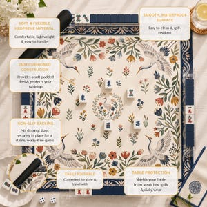Puede incluir: Un tapete de mahjong cuadrado con superficie color crema y un patr&oacute;n repetitivo de grullas blancas, flores coloridas y follaje verde. El tapete tiene un borde azul oscuro, base antideslizante y una estructura de neopreno acolchado de 2 mm.