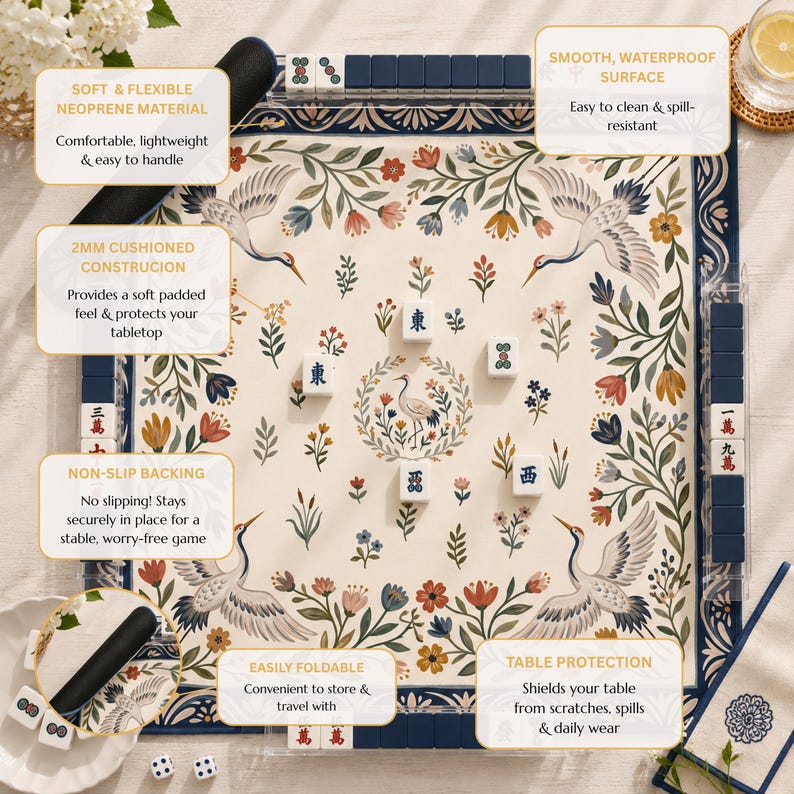 Puede incluir: Un tapete de mahjong cuadrado con superficie color crema y un patr&oacute;n repetitivo de grullas blancas, flores coloridas y follaje verde. El tapete tiene un borde azul oscuro, base antideslizante y una estructura de neopreno acolchado de 2 mm.
