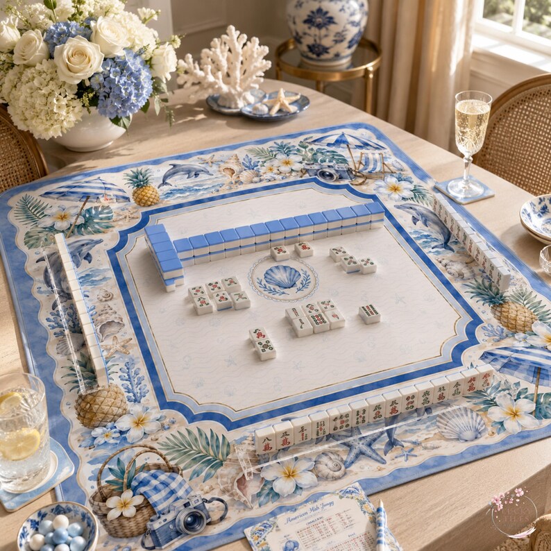 Peut inclure: Un tapis de mah-jong carr&eacute; au motif c&ocirc;tier avec des illustrations bleues et blanches de dauphins, d'ananas, de coquillages et de parasols. Le tapis comprend des supports de tuiles en acrylique transparent et des tuiles de mah-jong dispos&eacute;es.