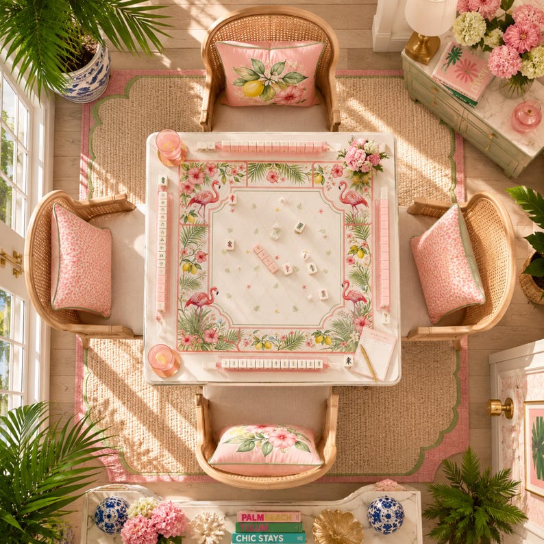 May include: A square game table featuring a white surface with a pink flamingo, hibiscus flower, and lemon botanical border. The table includes four matching rattan chairs with pink patterned cushions, each set with a tile rack and game tiles.