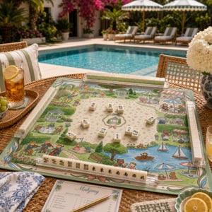 May include: A mahjong game set featuring a square play mat with a colorful park illustration, white tiles with black characters, and clear acrylic tile racks. The mat displays scenes of animals in a garden, a pond, and a gazebo.