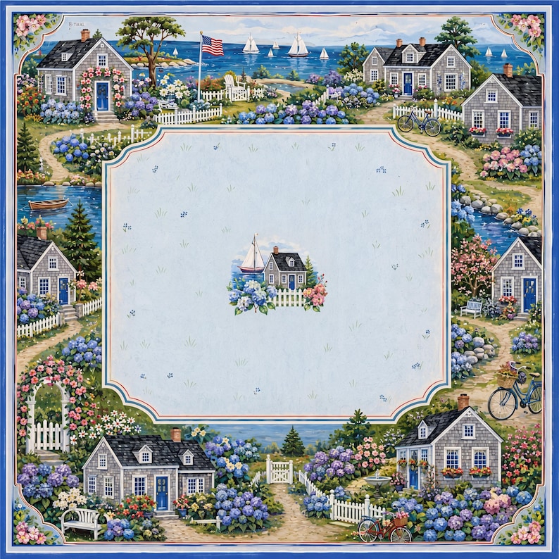 Puede incluir: Un panel de tela cuadrado que muestra una escena de pueblo costero con casas de tejas grises, puertas azules, vallas blancas y abundantes hortensias azules y rosas. Un &aacute;rea central azul claro presenta un motivo de casa y velero.