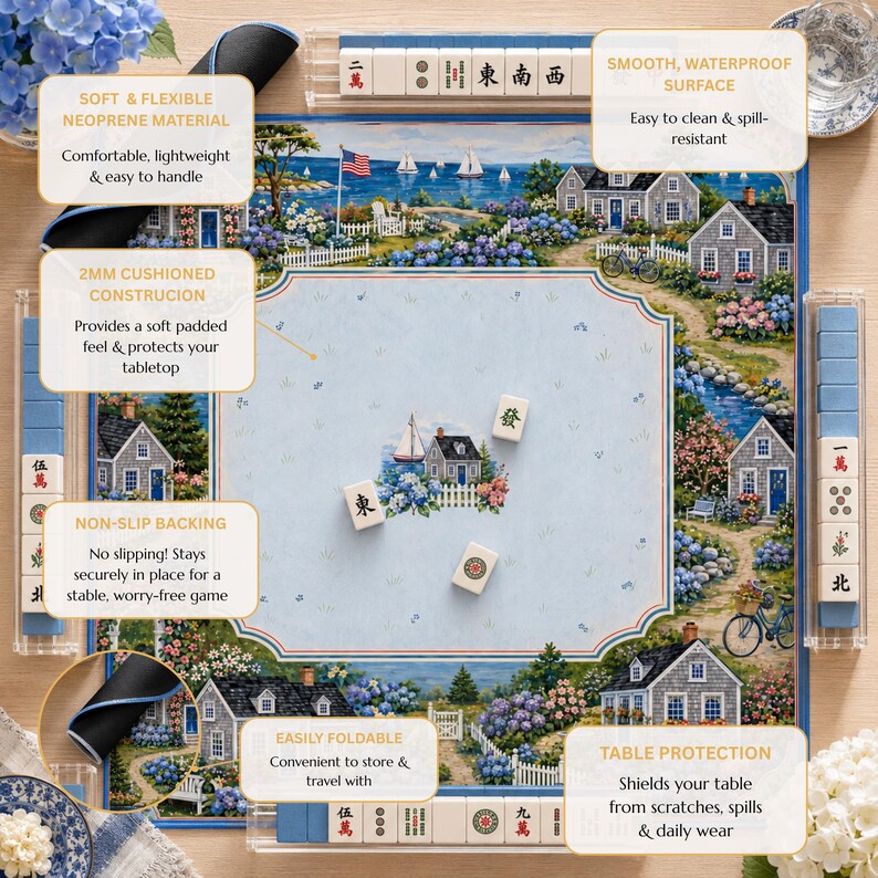 Puede incluir: Una alfombrilla de juego de mahjong cuadrada con una escena de caba&ntilde;a costera, hortensias azules, un velero y una bandera estadounidense. La alfombrilla tiene base antideslizante de neopreno, superficie acolchada de 2 mm y es plegable. Incluye cuatro soportes.