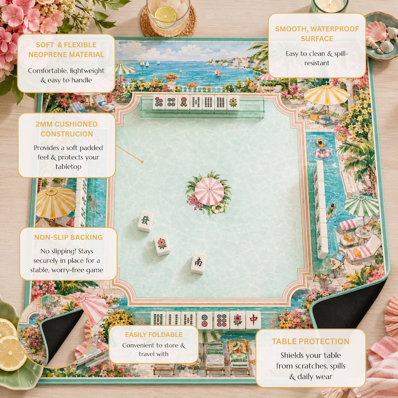 Palm Beach Resort Mahjong Mat, American Mahjong Mat, Coastal Poolside Mahjong Table Mat, Preppy Summer Mahjong Gift image 2