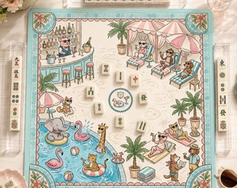 Poolside Club Mahjong Mat, Whimsical Animal Pool Party Neoprene Game Mat, Custom Monogram Mahjong Mat, Tropical Personalized Mahjong Gift