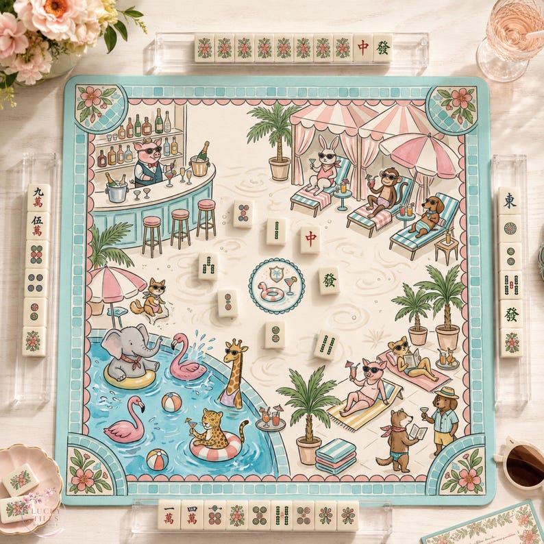 May include: A square mahjong mat featuring a colorful illustration of animals at a pool party, including a pig bartender, a swimming elephant, and sunbathing animals. The mat is surrounded by acrylic tile racks holding ivory-colored mahjong tiles.