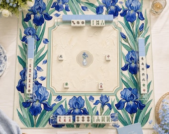 Tapete de Mahjong Jardín de Iris Azules, Tapete de Mahjong Floral, Tapete de Mahjong Botánico Americano, Regalo de Mahjong Personalizado