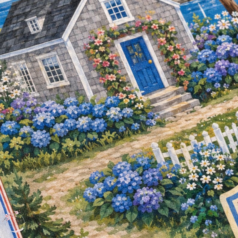 Puede incluir: Una ilustraci&oacute;n impresa de una casa de campo con tejas grises y una puerta de entrada azul brillante, rodeada de vibrantes arbustos de hortensias azules, flores trepadoras rosas y una valla blanca que bordea un camino de piedra hacia la entrada.