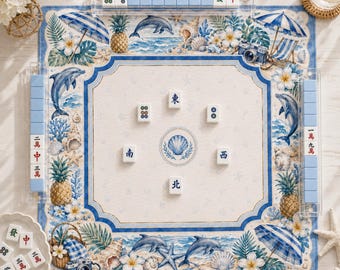 Ocean Resort Dolphin Mahjong Mat, Blue Coastal Neoprene Game Mat, Custom Monogram Mahjong Mat, Seashell Personalized Gift