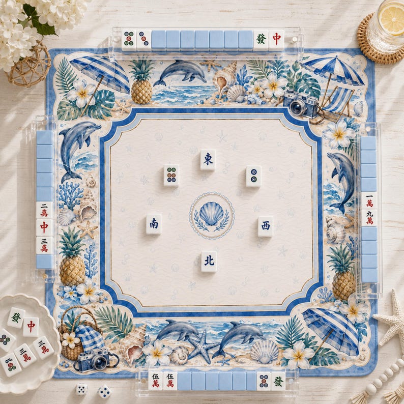 Peut inclure: Un tapis de mah-jong carr&eacute; au motif c&ocirc;tier avec des illustrations bleues et blanches de dauphins, d'ananas, de coquillages et de parasols. Le centre pr&eacute;sente une ic&ocirc;ne de coquillage entour&eacute;e de six tuiles de mah-jong avec des caract&egrave;res chinois.