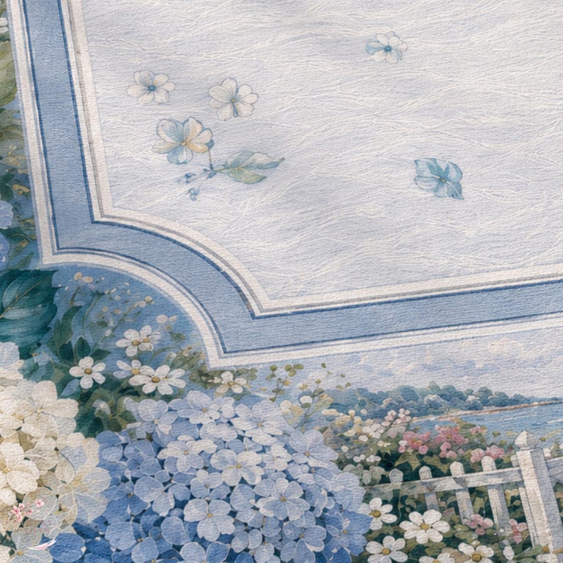 Puede incluir: Un panel decorativo con un borde azul claro que enmarca una superficie texturizada con peque&ntilde;os detalles florales. La secci&oacute;n inferior muestra un jard&iacute;n con racimos de hortensias azules y blancas, flores peque&ntilde;as y una valla blanca.