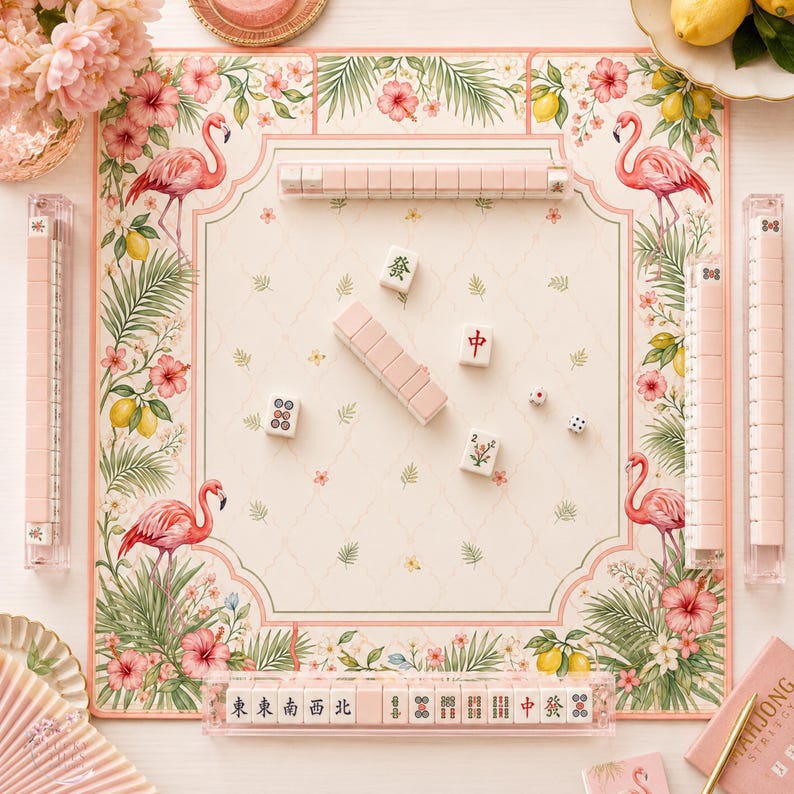 May include: A square mahjong game mat featuring a cream-colored center with a delicate lattice pattern, surrounded by a border of pink flamingos, hibiscus flowers, and lemons. Includes four clear tile racks, scattered mahjong tiles, and two dice.