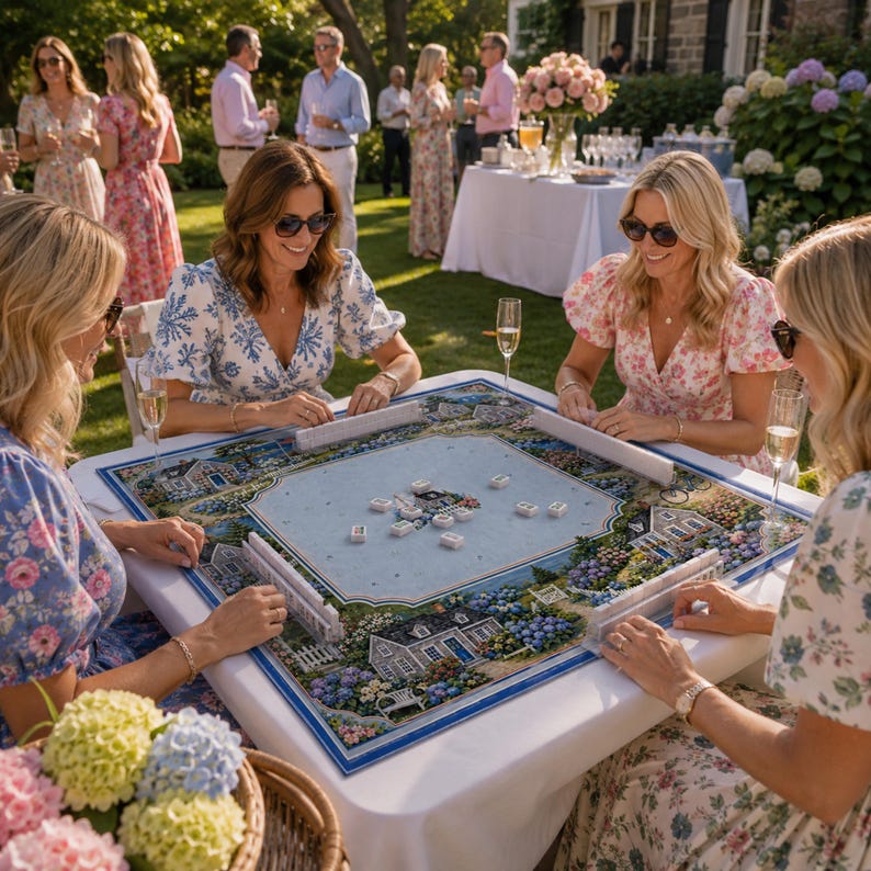 Puede incluir: Una mesa de mahjong cuadrada con un tablero impreso que muestra una escena de caba&ntilde;a y jard&iacute;n, rodeada por cuatro soportes de fichas blancos y fichas de mahjong blancas dispersas en el centro, sobre un mantel blanco en un jard&iacute;n.