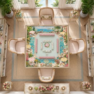 May include: A square mahjong table featuring a printed surface with a colorful poolside resort scene, surrounded by four upholstered chairs. The table surface displays a central arrangement of white mahjong tiles with various symbols.