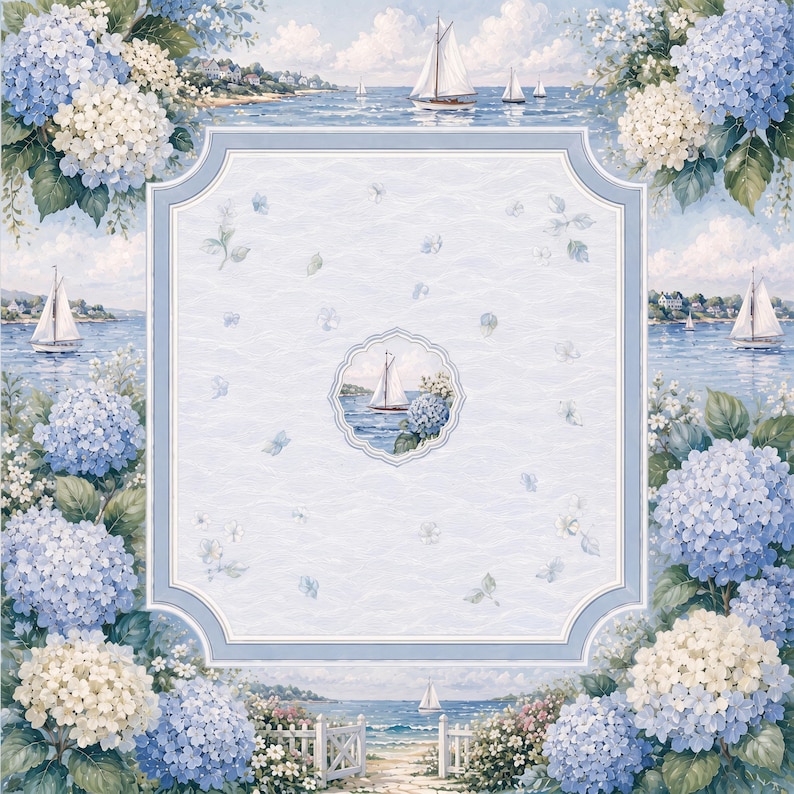 Puede incluir: Un panel de tela decorativo con una escena costera de veleros sobre agua azul, rodeado de racimos de flores de hortensia azul claro y blancas. Un medall&oacute;n circular central muestra un velero, enmarcado por un borde de color azul claro.