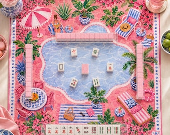Palm Beach Poolside Mahjong Mat, American Mahjong Mat, Pink Resort Cabana Garden, Tropical Chinoiserie Mahjong Gift