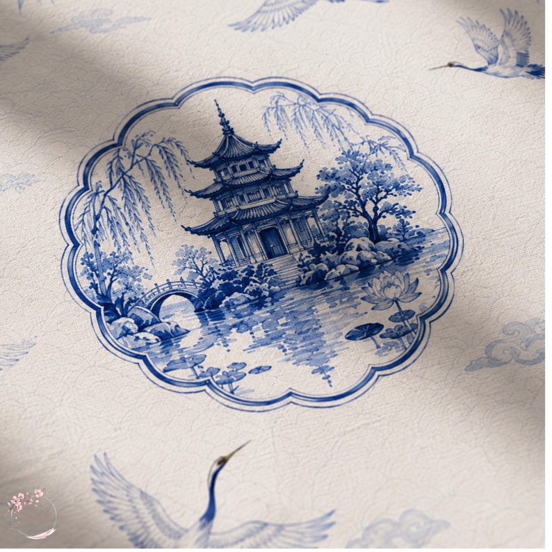 May include: A fabric featuring a blue and white pattern with a central scalloped medallion depicting a pagoda, a bridge, and lotus flowers. The surrounding background is decorated with flying cranes and clouds in a repeating blue ink design.