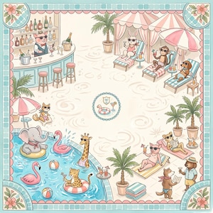May include: A square illustration featuring anthropomorphic animals at a pool party. A pig bartender serves drinks at a bar. Other animals lounge on chairs, swim with inflatable rings, and relax under palm trees. The scene is framed by a floral border.