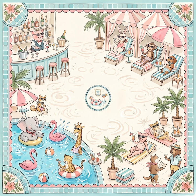 May include: A square illustration featuring anthropomorphic animals at a pool party. A pig bartender serves drinks at a bar. Other animals lounge on chairs, swim with inflatable rings, and relax under palm trees. The scene is framed by a floral border.