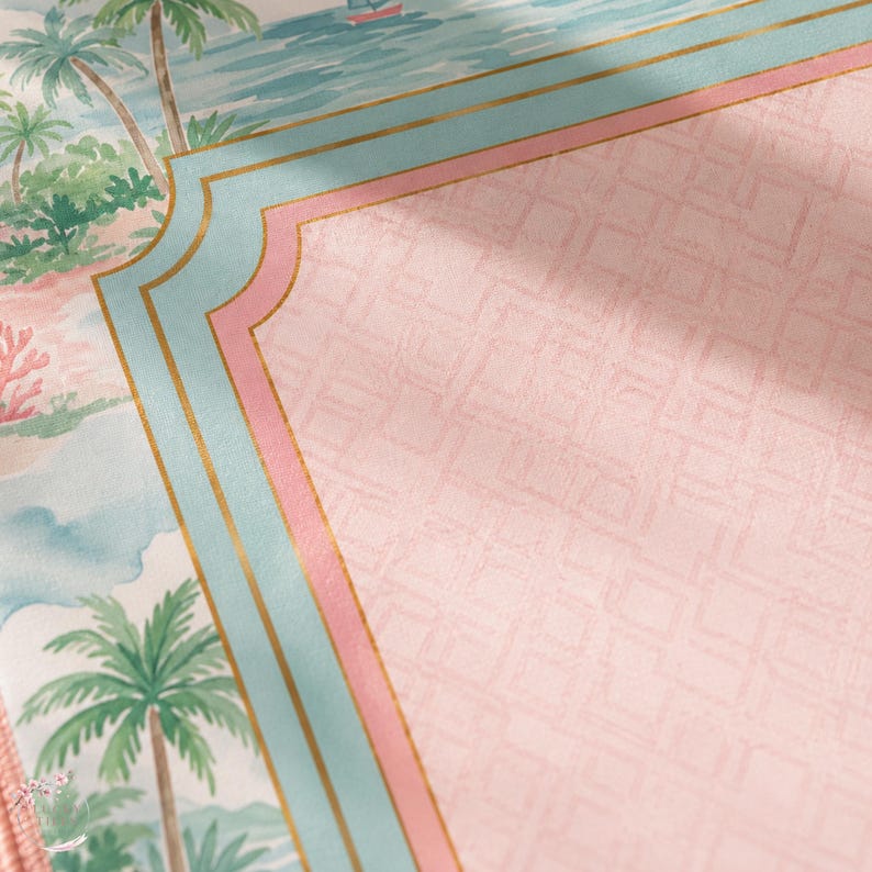 May include: A textile featuring a tropical scene with palm trees, coral, and a small boat on water, bordered by a decorative frame in light blue and pink with thin gold lines. The central area is a solid light pink with a subtle geometric pattern.