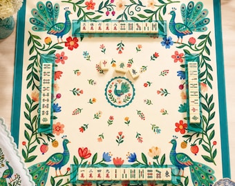 Peacock Garden Mahjong Mat, Folk Art Floral Neoprene Game Mat, Custom Monogram Mahjong Mat, Colorful Botanical Personalized Gift
