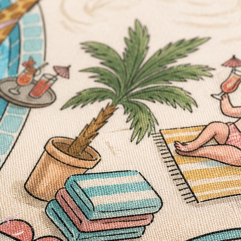 May include: A fabric print featuring a summer pool scene with a potted palm tree, a stack of folded blue and pink towels, and a person lounging on a yellow striped towel while holding a cocktail with a small umbrella, near a blue tiled pool.