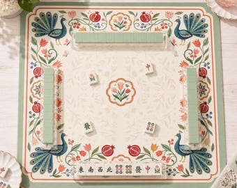 Tapete de Mahjong Folkloria Peacock Garden, Tapete de Mahjong Americano, Tapete de Mesa de Mahjong Floral de Arte Popular, Regalo Botánico de Pavo Real