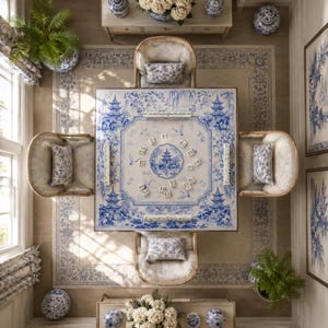 May include: A square game table featuring a blue and white chinoiserie pattern with pagoda and floral motifs, surrounded by four upholstered chairs with matching patterned cushions, set upon a large area rug with a coordinating blue border design.