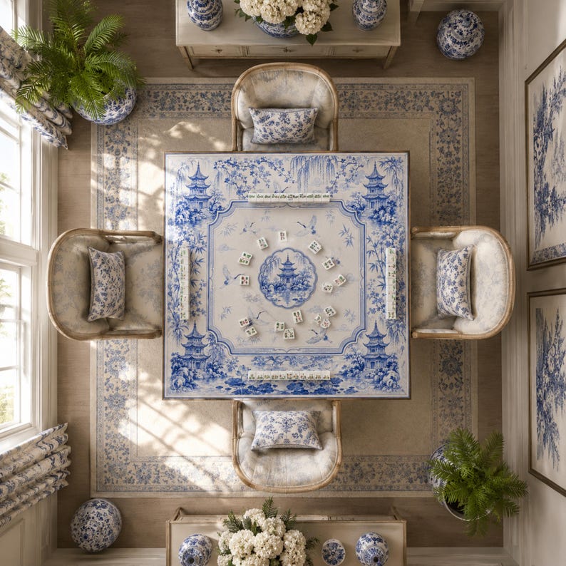 May include: A square game table featuring a blue and white chinoiserie pattern with pagoda and floral motifs, surrounded by four upholstered chairs with matching patterned cushions, set upon a large area rug with a coordinating blue border design.